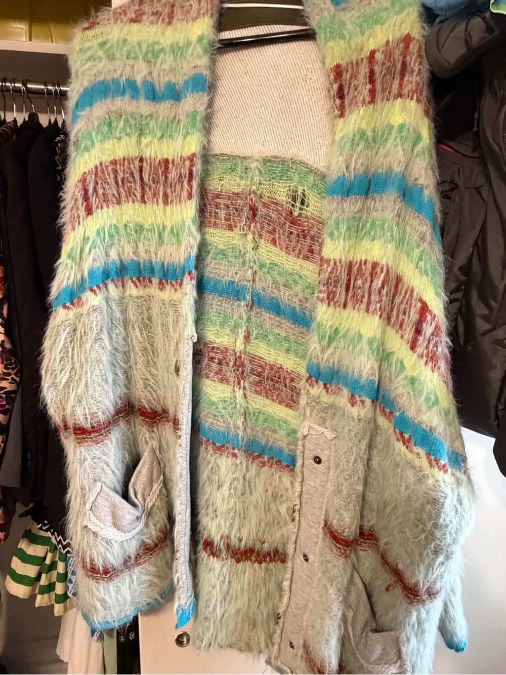 Free People Fuzzy Striped Cardigan in Mint, Blue, Yellow, Rust